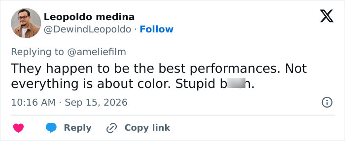 A social media post from Leopoldo Medina saying, They happen to be the best performances. Not everything is about color. Stupid b****, regarding Emmy winners. A social media post from Leopoldo Medina saying, They happen to be the best performances. Not everything is about color. Stupid b****, regarding Emmy winners.