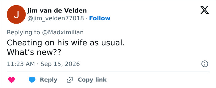 Screenshot of a tweet by Jim van de Velden saying Cheating on his wife as usual. Whats new??, about the viral Trump image.