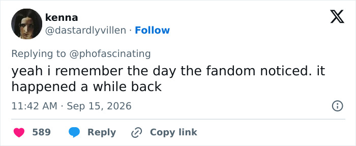 A tweet from @dastardlyvillen discussing plastic surgery speculation after netizens noticed a strange detail.