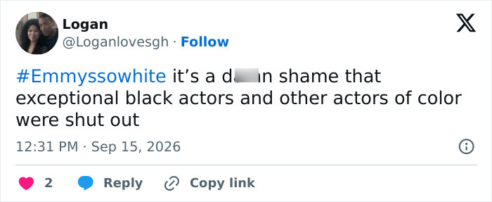 A tweet from Logan expressing frustration with the Emmys, using the hashtag #EmmysSoWhite. A tweet from Logan expressing frustration with the Emmys, using the hashtag #EmmysSoWhite.