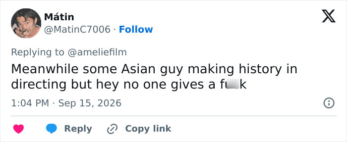 Tweet by @MatinC7006 mentioning an alarming trend amongst Emmy winners, noting, Meanwhile some Asian guy making history in directing but hey no one gives a f***. Tweet by @MatinC7006 mentioning an alarming trend amongst Emmy winners, noting, Meanwhile some Asian guy making history in directing but hey no one gives a f***.