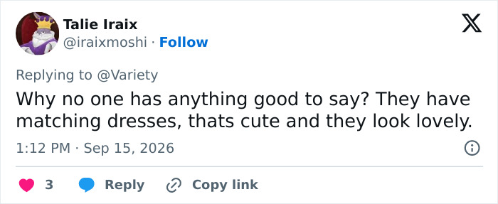 Talie Iraix's tweet supporting Mariska Hargitay's daughter's Emmy dress, praising their matching dresses.