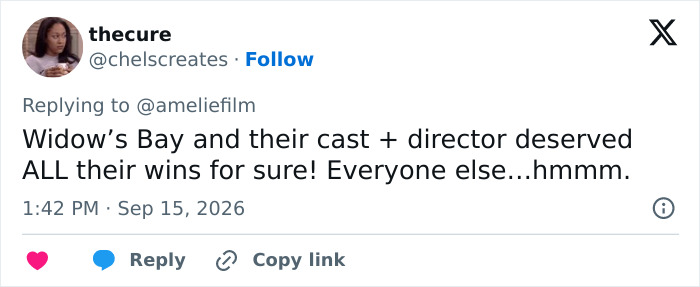 A TV fan expresses fury over Emmy winners, stating Widow's Bay deserved wins, but others did not. A TV fan expresses fury over Emmy winners, stating Widow's Bay deserved wins, but others did not.