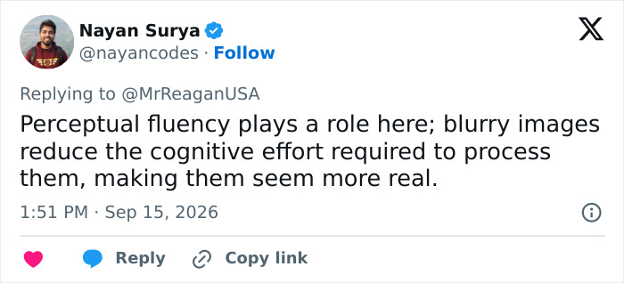 A tweet by Nayan Surya explains how perceptual fluency makes blurry images of Trump kissing Natalie Harp seem more real.