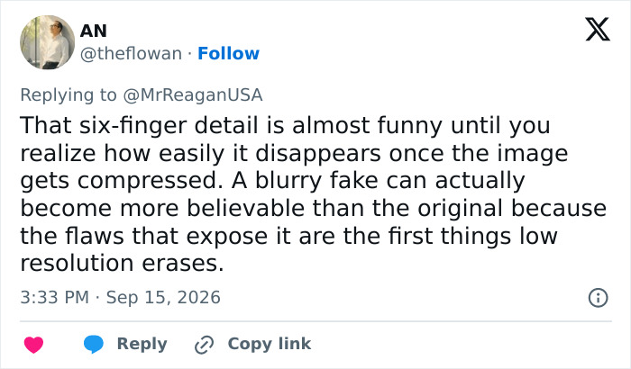 A tweet by AN discussing how low-resolution images of Trump kissing Natalie Harp can make blurred fakes more believable.