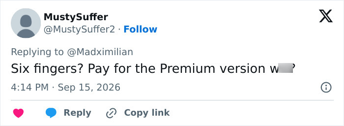 Screenshot of a tweet by MustySuffer asking Six fingers? Pay for the Premium version, regarding the viral Trump image.