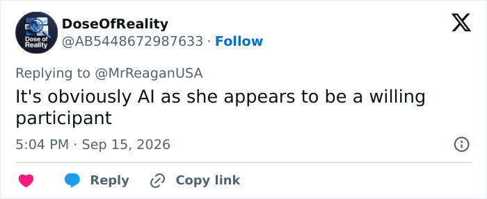 A tweet by DoseOfReality stating the image of Trump kissing his assistant Natalie Harp appears to be AI-generated.