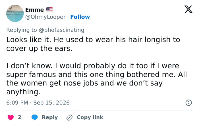 Netizen comment on Twitter speculating about Adam Driver's plastic surgery to cover his ears.
