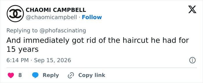 A tweet from @chaomicampbell commenting on Adam Driver's haircut amid plastic surgery speculation.