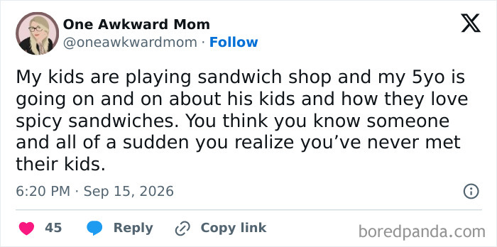 A parent post on social media explaining a funny sandwich shop game with their kids.