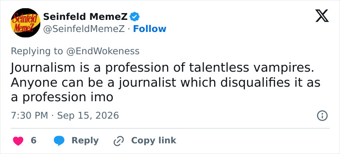 Screenshot of a tweet criticizing journalism. Multiple journalists targeted online after Sydney Sweeney ad. Screenshot of a tweet criticizing journalism. Multiple journalists targeted online after Sydney Sweeney ad.