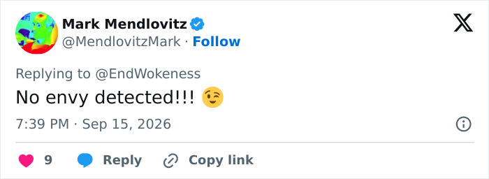 Screenshot of a tweet from Mark Mendlovitz, targeting online discussion after Sydney Sweeney's new ad, stating, No envy detected!!! Screenshot of a tweet from Mark Mendlovitz, targeting online discussion after Sydney Sweeney's new ad, stating, No envy detected!!!