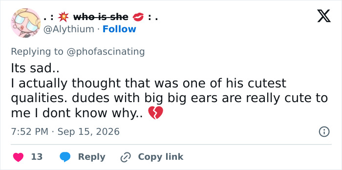 A tweet expressing sadness over Adam Driver's plastic surgery speculation, stating that his ears were a cute quality.