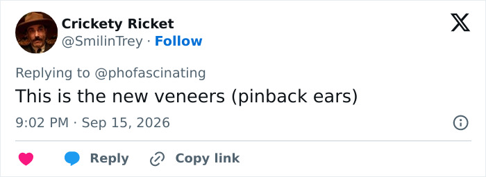 A tweet comparing the new plastic surgery trend of pinback ears to veneers, referencing Adam Driver.