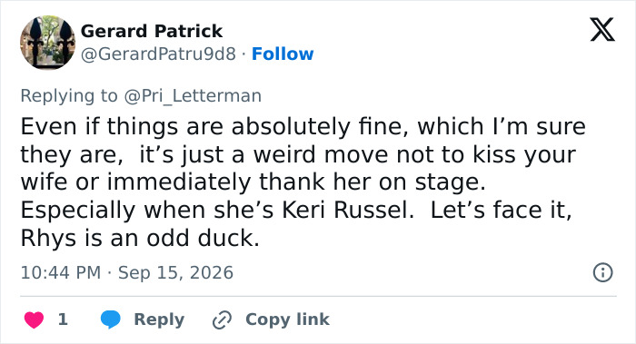 Tweet by Gerard Patrick discussing a tense moment with wife, Emmy Winner silence.