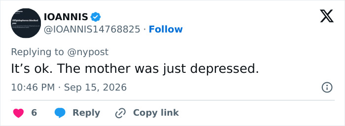 A social media comment from IOANNIS suggesting the mother was depressed in the Las Vegas hotel incident. A social media comment from IOANNIS suggesting the mother was depressed in the Las Vegas hotel incident.