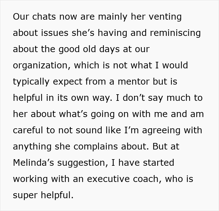 Black on white text describing a mentor relationship and working with an executive coach instead. Black on white text describing a mentor relationship and working with an executive coach instead.