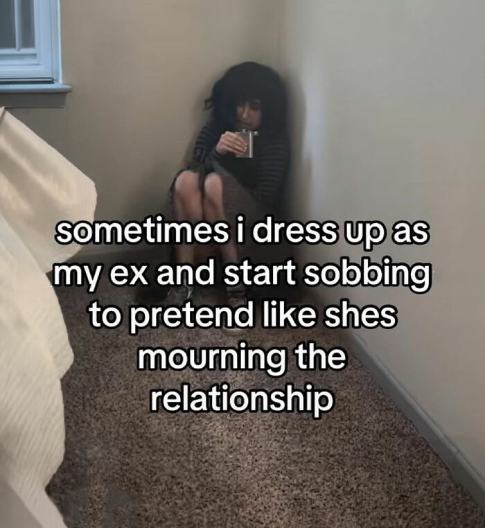 A person sitting in a corner, text over the image describes a cringey situation.