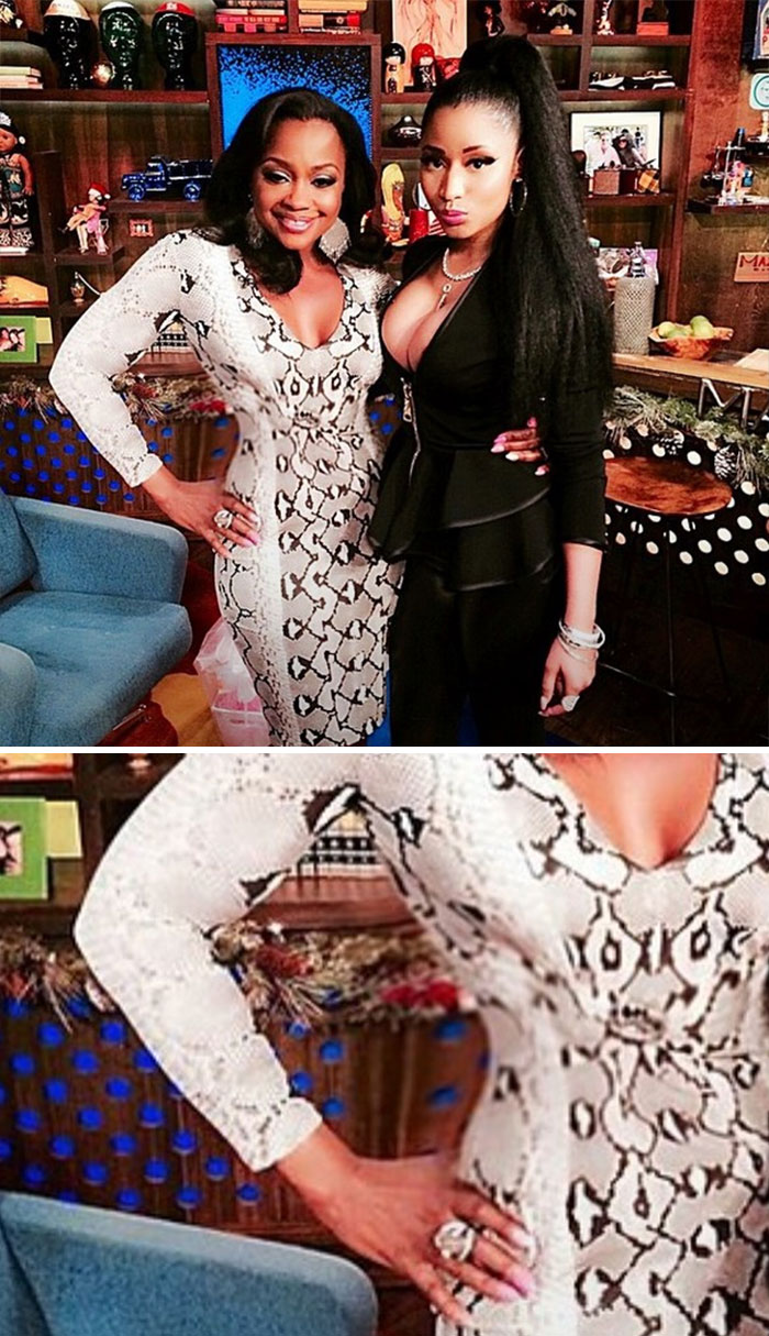 A split image of two celebrities, revealing a clear Photoshop fail in the woman's arm and dress pattern.
