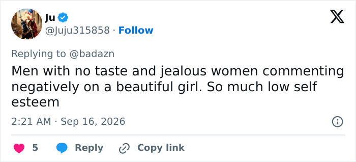 Tweet by Ju saying, Men with no taste and jealous women commenting negatively on a beautiful girl. So much low self esteem, in Sydney Sweeney uproar. Tweet by Ju saying, Men with no taste and jealous women commenting negatively on a beautiful girl. So much low self esteem, in Sydney Sweeney uproar.