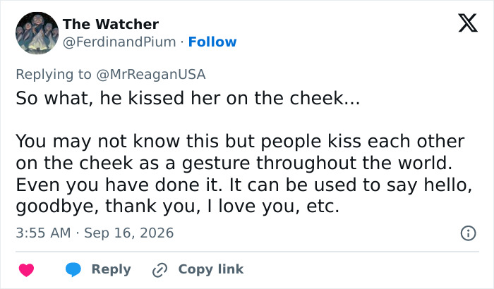 A tweet by The Watcher defending Trump kissing Natalie Harp, explaining cheek kisses are a common worldwide gesture.