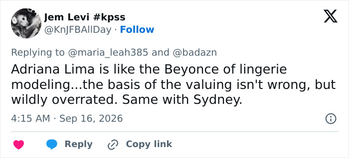 Screenshot of tweet about Sydney Sweeney comments and 10/10 models, mentioning Adriana Lima. Screenshot of tweet about Sydney Sweeney comments and 10/10 models, mentioning Adriana Lima.