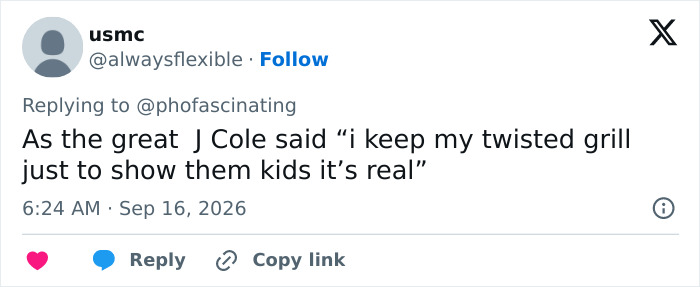 User usmc quotes J Cole in response to Adam Driver plastic surgery rumors, about keeping it real.