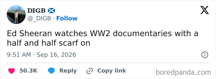 An amusing tweet about Ed Sheeran watching documentaries, ideal for a compilation of funny tweets.
