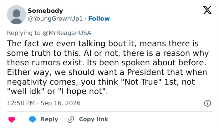 Screenshot of a tweet by Somebody discussing the viral Trump image, stating rumors exist for a reason, AI or not.