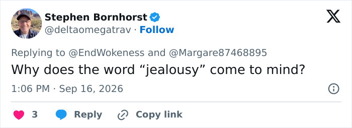 Journalists targeted online: A tweet from Stephen Bornhorst asking about jealousy after Sydney Sweeney's new ad. Journalists targeted online: A tweet from Stephen Bornhorst asking about jealousy after Sydney Sweeney's new ad.