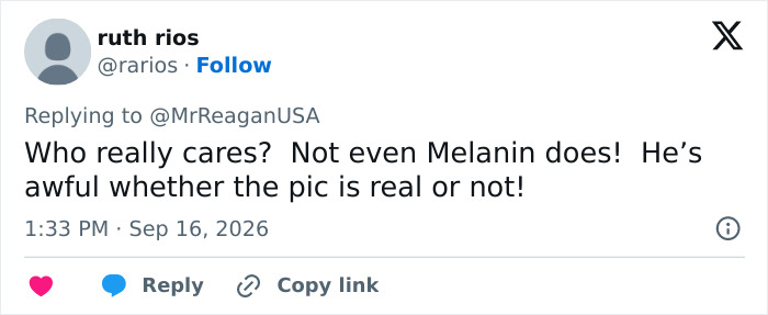 Screenshot of a tweet by ruth rios saying Who really cares? Not even Melanin does! He's awful, regarding the viral Trump image.