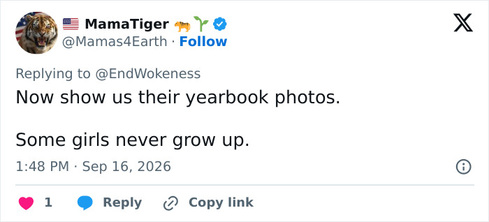 Journalists targeted online: A tweet from MamaTiger stating, Some girls never grow up, after Sydney Sweeney's new ad. Journalists targeted online: A tweet from MamaTiger stating, Some girls never grow up, after Sydney Sweeney's new ad.