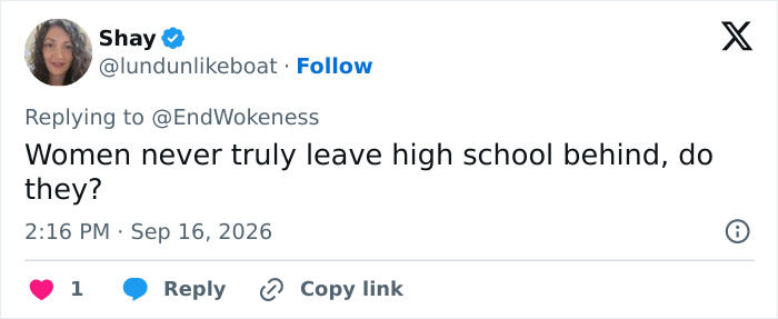 Journalists targeted online: A tweet from Shay saying, Women never truly leave high school behind, after Sydney Sweeney's new ad. Journalists targeted online: A tweet from Shay saying, Women never truly leave high school behind, after Sydney Sweeney's new ad.