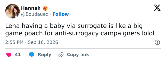 A tweet about Lena Dunham welcoming baby via surrogate and past comments causing backlash. A tweet about Lena Dunham welcoming baby via surrogate and past comments causing backlash.