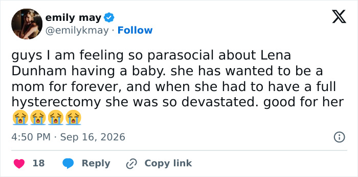 A tweet by Emily May celebrating Lena Dunham welcoming a baby via surrogate after her hysterectomy. A tweet by Emily May celebrating Lena Dunham welcoming a baby via surrogate after her hysterectomy.