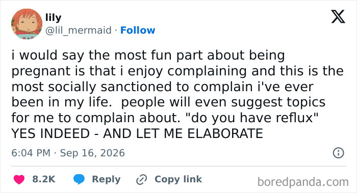 A humorous post about being pregnant, shared by parents who vented on social media.