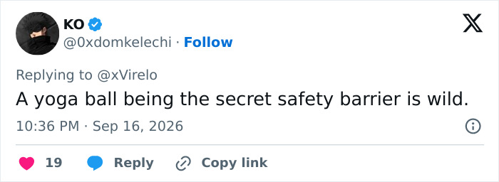A social media post about a yoga ball being a secret safety barrier in filming intimate scenes.