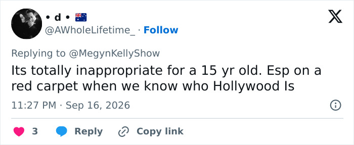 A tweet from AWholeLifetime_ criticizing the parenting choice of Mariska Hargitay's daughter's low cut Emmy dress.
