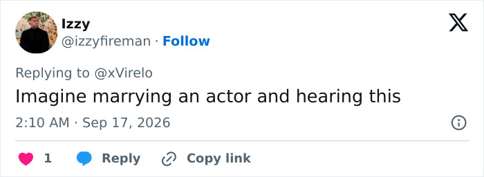 A tweet expressing dismay about marrying an actor after hearing about Hollywood intimate scenes filming confessions.
