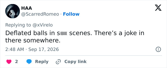A social media comment from HAA regarding Hollywood intimate scenes, making a joke about how they are filmed.