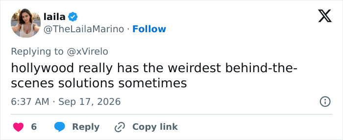 A social media post about Hollywoods weirdest behind-the-scenes solutions for intimate scenes.
