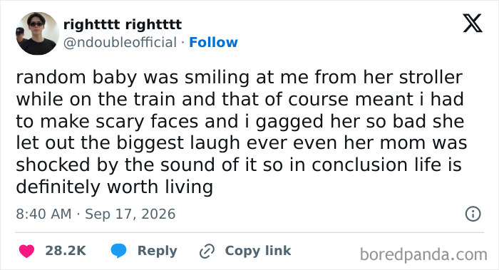 A funny tweet about making a baby laugh on the train, shared on the X feed.