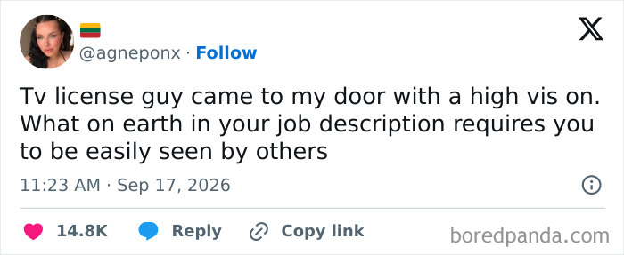 A witty tweet joking about a TV license inspector in high vis, included in funny tweets.