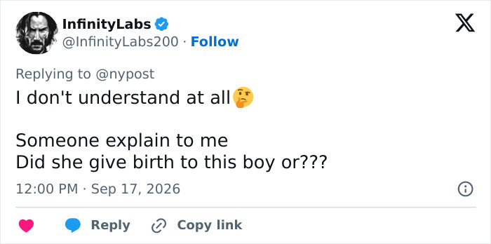 A tweet from InfinityLabs expressing confusion about a married mom and son charged.