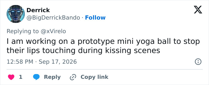 A tweet about a prototype mini yoga ball to stop lips touching during Hollywood intimate scenes, revealing filming secrets.