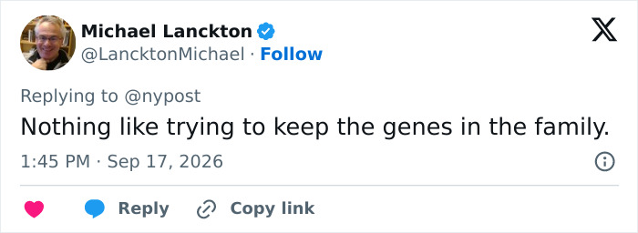 A social media post with a sarcastic comment about keeping genes in the family. Mom and son charged after confession.
