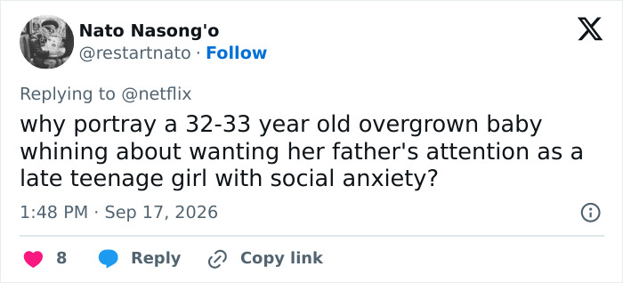 Tweet by Nato Nasong'o, Sep 17, 2026, criticizing the portrayal of an overgrown baby as a teenage girl in a Nepo Baby's show, amid whitewashing reviews.