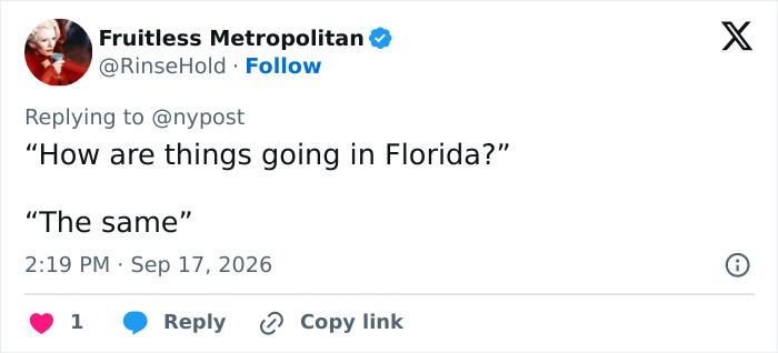 A social media post with a question about Florida and a one-word answer: 'The same.' Mom and son charged.