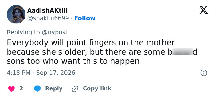 A tweet about a married mom and son charged, discussing the mother and sons' involvement in the situation.