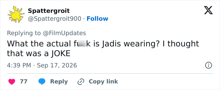 Tweet from Spattergroit showing confusion and asking about Jadis's attire in a fantasy adaptation.